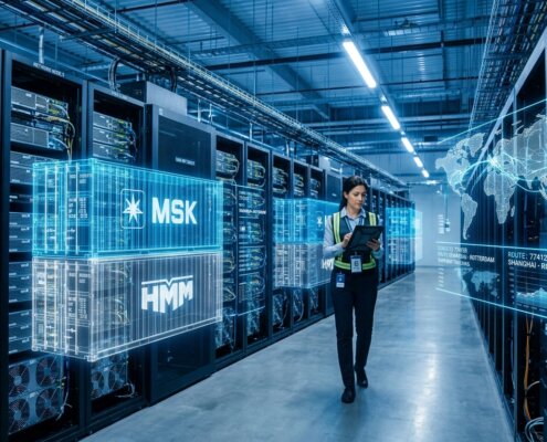 Logistik-Serverfarm mit digitalen Containern bei der Legacy-Daten Bereinigung für KI in einer Tech-Umgebung.