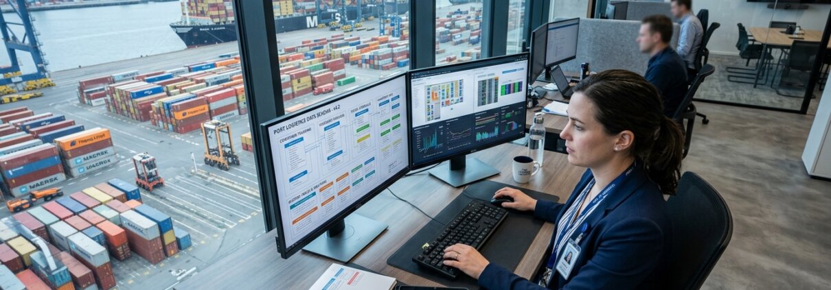 Logistics expert analyzing schemas for migrating legacy system data, with port and shipping containers in the background.
