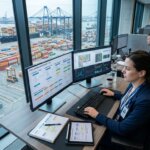 Logistics expert analyzing schemas for migrating legacy system data, with port and shipping containers in the background.