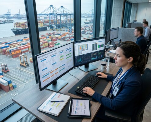 Logistics expert analyzing schemas for migrating legacy system data, with port and shipping containers in the background.