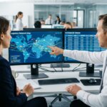 Logistics professionals analyzing data for a transport insurance claim on dual monitors showing freight routes and grids.