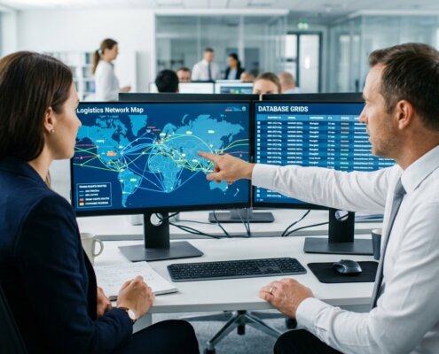 Logistics professionals analyzing data for a transport insurance claim on dual monitors showing freight routes and grids.