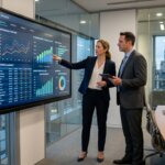 Geschäftsleute analysieren Finanzgrafiken auf einem digitalen Bildschirm zum Thema Kosten für das Auslagern von Web-Research.
