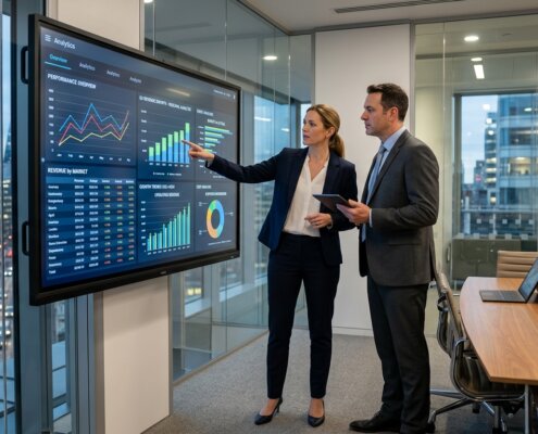 Geschäftsleute analysieren Finanzgrafiken auf einem digitalen Bildschirm zum Thema Kosten für das Auslagern von Web-Research.