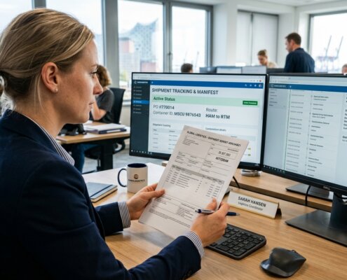 Logistikexperte vergleicht Zolldokumente auf Bildschirmen zur Optimierung von RPA im Logistik-Backoffice.