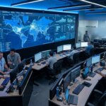 Analysts in a logistics control room monitoring complex ERP data processing on large screens
