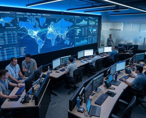 Analysts in a logistics control room monitoring complex ERP data processing on large screens