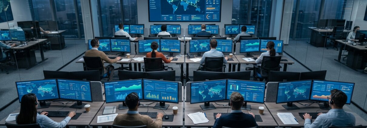 Logistics planners in a control room analyzing data during TMS implementation challenges at a transport company.