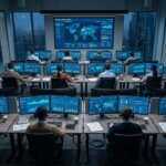 Logistics planners in a control room analyzing data during TMS implementation challenges at a transport company.