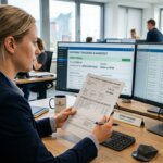 Logistics professional comparing customs documents on dual screens for RPA logistics back office optimization.