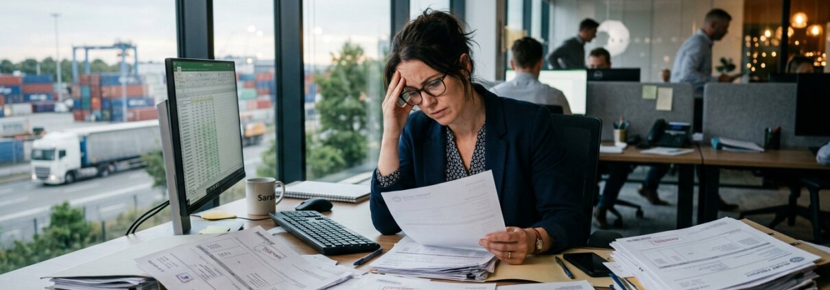 Gestresste logistiek planner in modern kantoor die handmatig vrachtfacturen controleren moet aan een druk bureau.