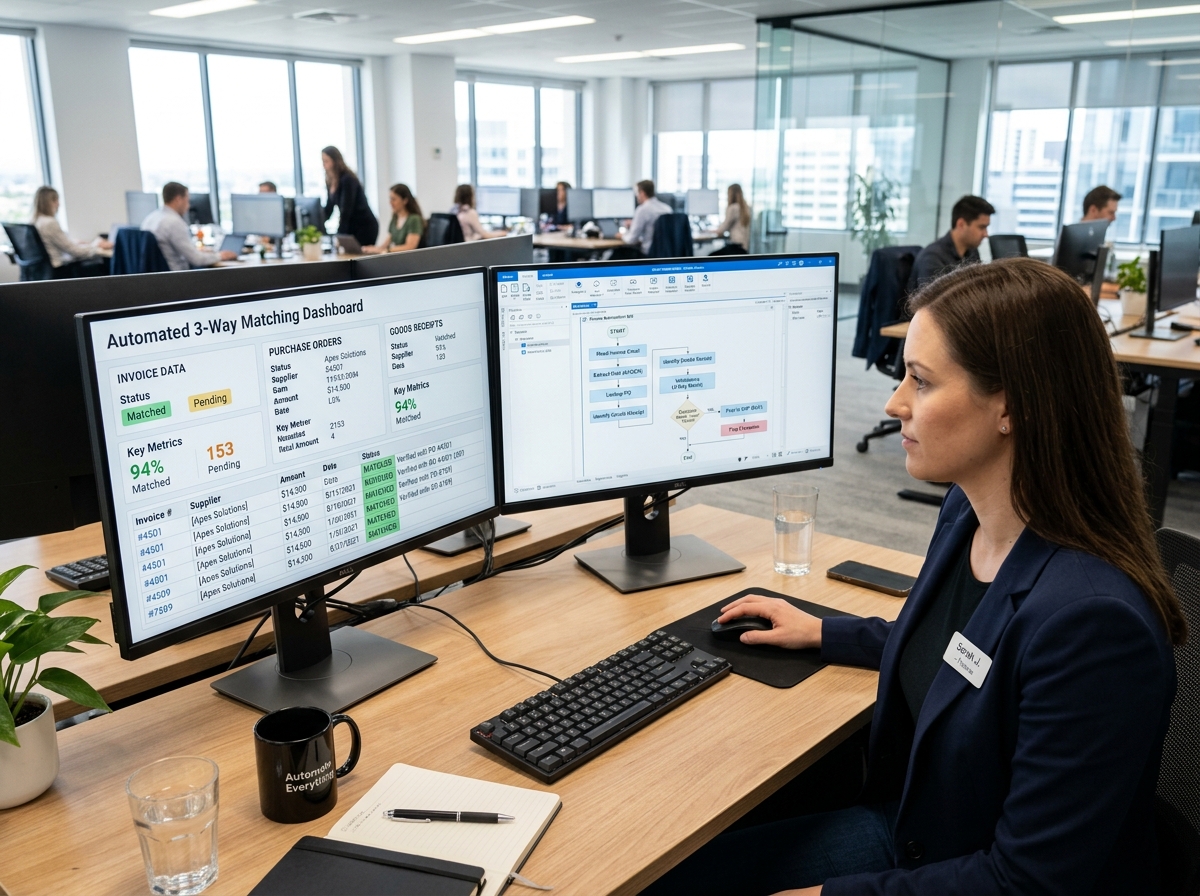 Automatisiertes Dashboard zum Frachtrechnungen prüfen mit 3-Way-Matching und RPA-Workflow in einem modernen Büro.