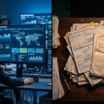 Digitale logistieke visibiliteit naast een stapel ongestructureerde documenten zoals CMR’s op een houten bureau.