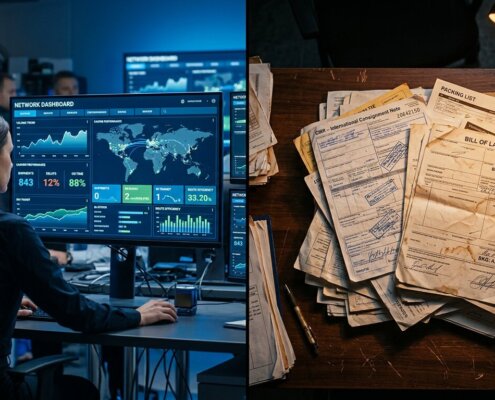 Digitale logistieke visibiliteit naast een stapel ongestructureerde documenten zoals CMR’s op een houten bureau.