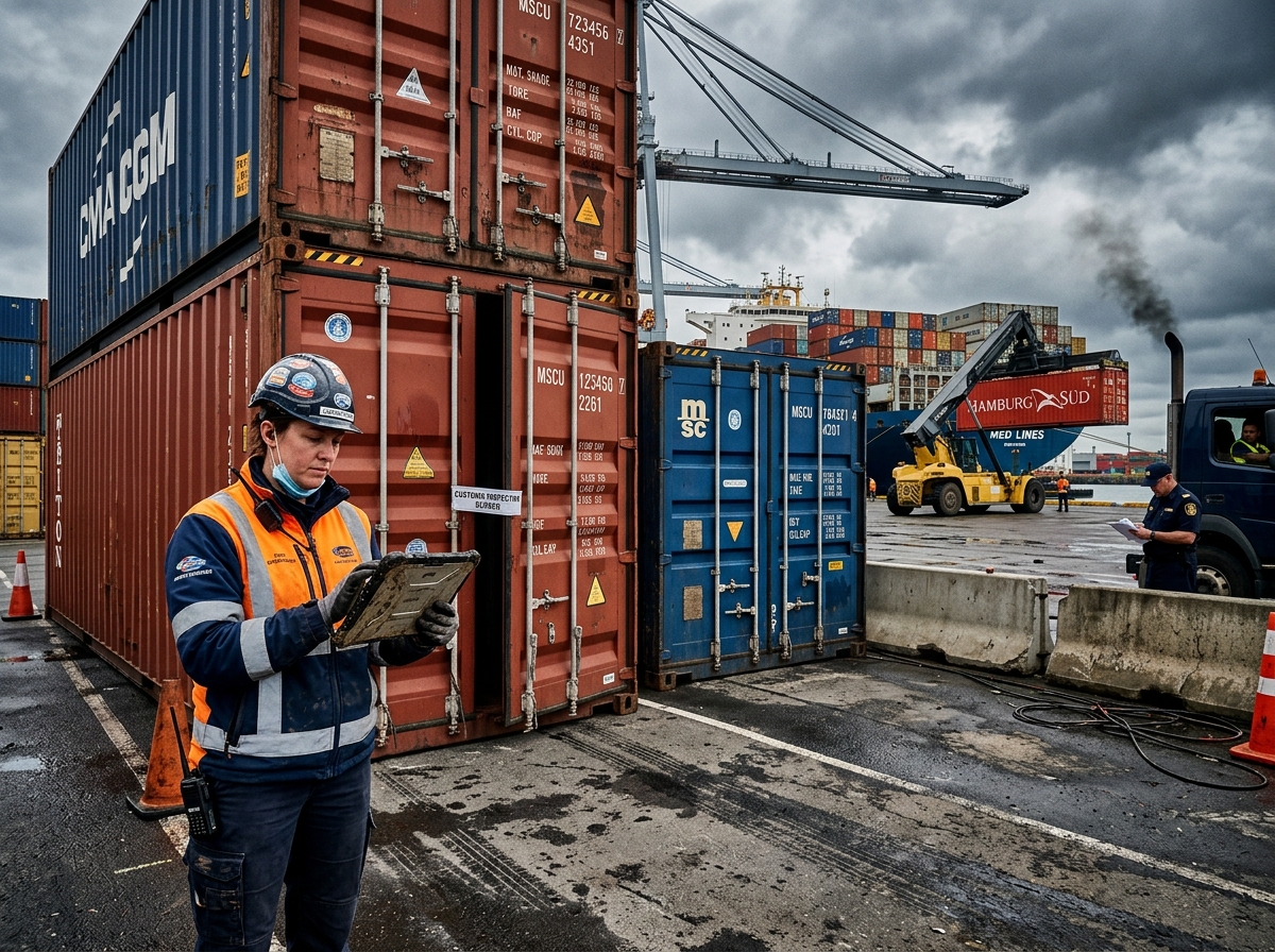 Logistics planner with a rugged tablet standing in front of shipping containers reflecting complex holding structures.