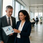 Twee managers bekijken projecties over factuuruitval door slechte klantdata op een tablet in een modern kantoorpand.