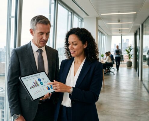 Twee managers bekijken projecties over factuuruitval door slechte klantdata op een tablet in een modern kantoorpand.