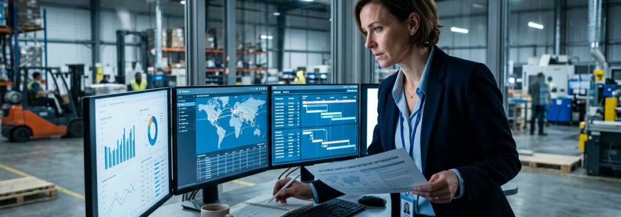 Supply chain expert controleert data op schermen in magazijn, wijzend op verborgen kosten AI supply chain.