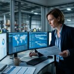 Supply chain expert controleert data op schermen in magazijn, wijzend op verborgen kosten AI supply chain.