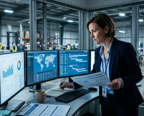 Supply chain expert controleert data op schermen in magazijn, wijzend op verborgen kosten AI supply chain.