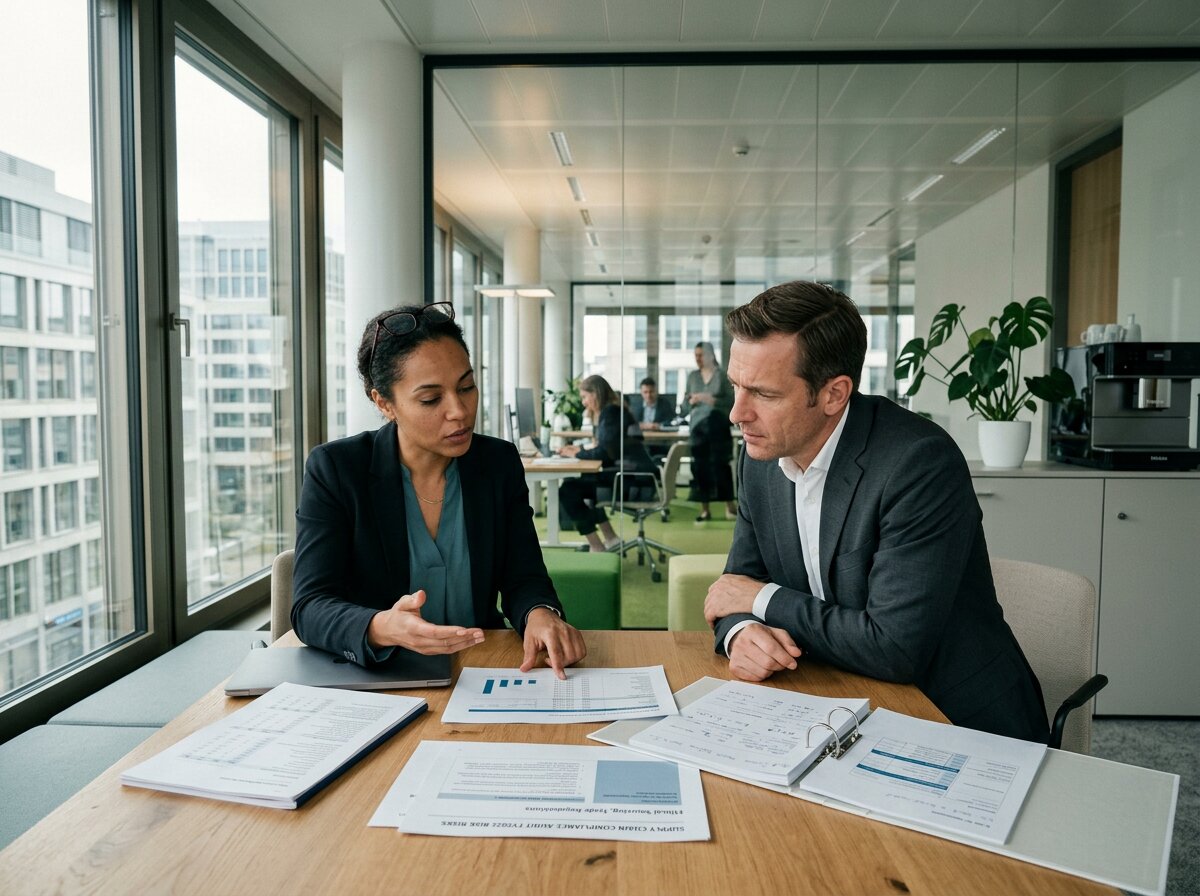 Kollegen besprechen Berichte über die verborgenen Kosten der KI in der Supply Chain in einem modernen europäischen Büro.