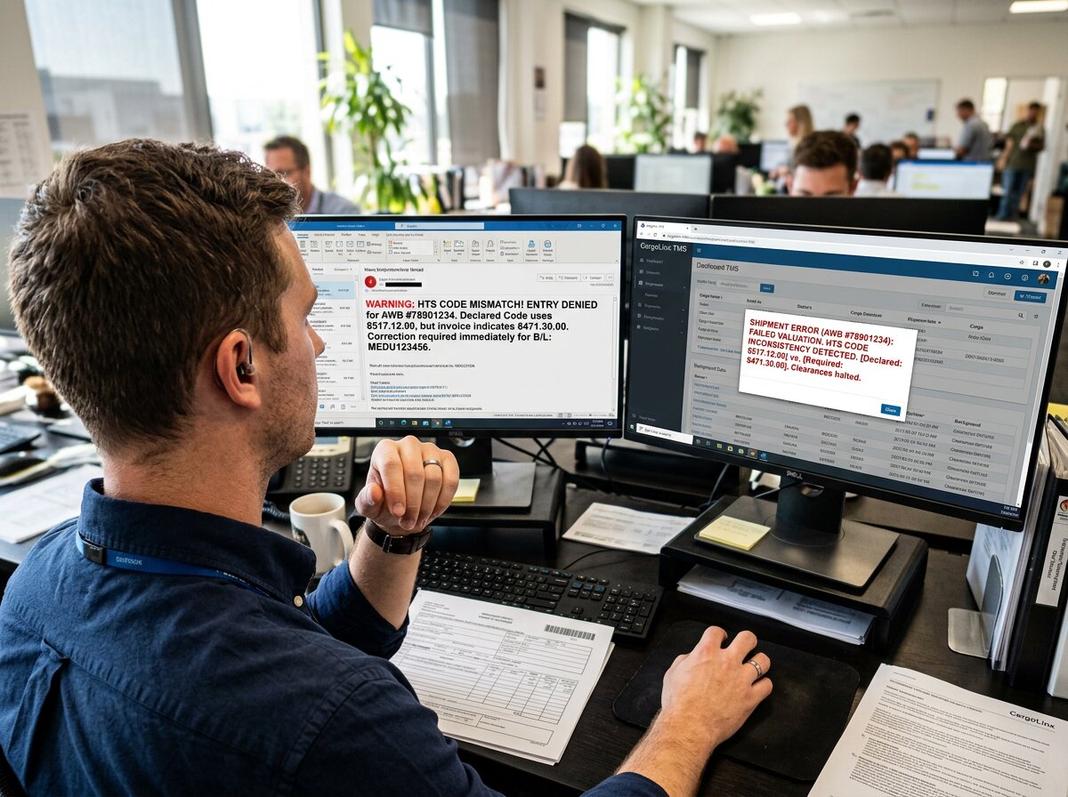 Zöllner betrachtet unstrukturierte E-Mail-Verarbeitung im Import neben einer Fehlermeldung im Transport Management System.