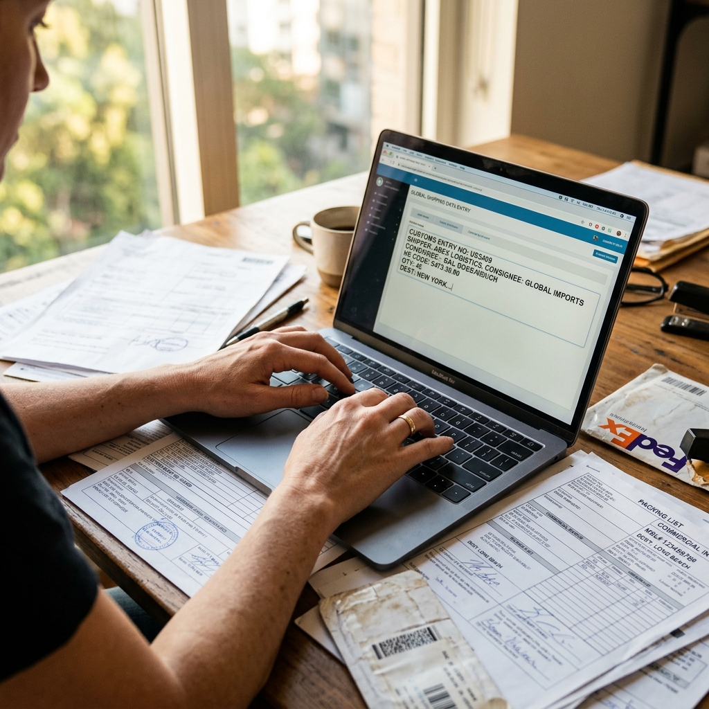 Dateneingabe am Laptop zwischen Dokumenten für eine effiziente Rate-Management-Struktur in der Spedition in der Morgensonne.