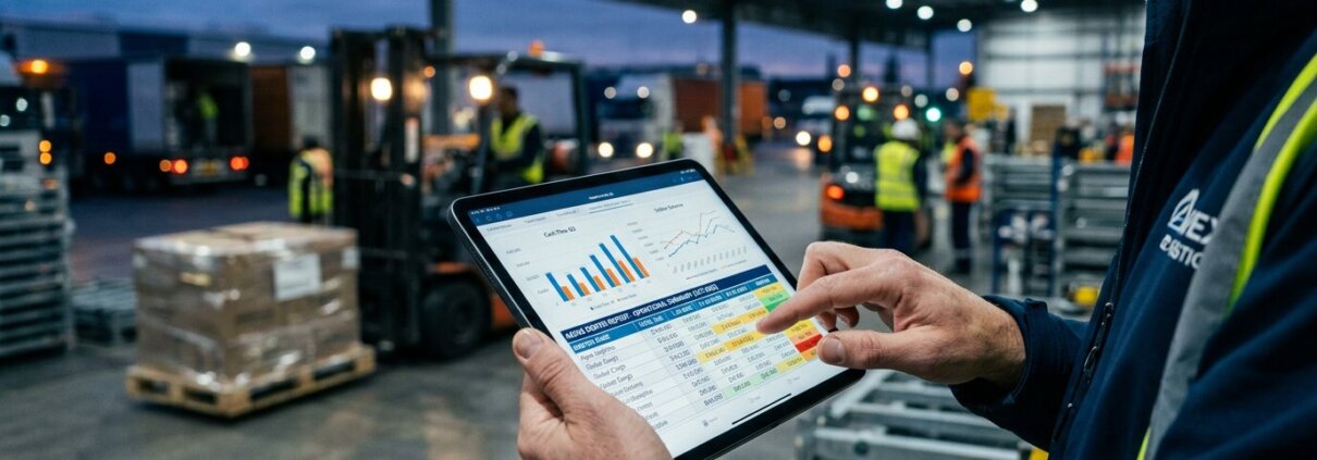 Manager analyseert debiteurenrapportages op tablet in logistieke terminal; de financiële impact hoge DSO in beeld.