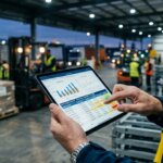 Manager analyseert debiteurenrapportages op tablet in logistieke terminal; de financiële impact hoge DSO in beeld.