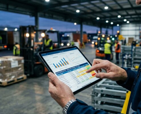 Manager analyseert debiteurenrapportages op tablet in logistieke terminal; de financiële impact hoge DSO in beeld.