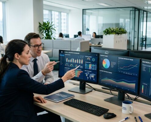 Logistieke professionals analyseren data om de risico's fluctuerende spot rates in kaart te brengen op kantoor.