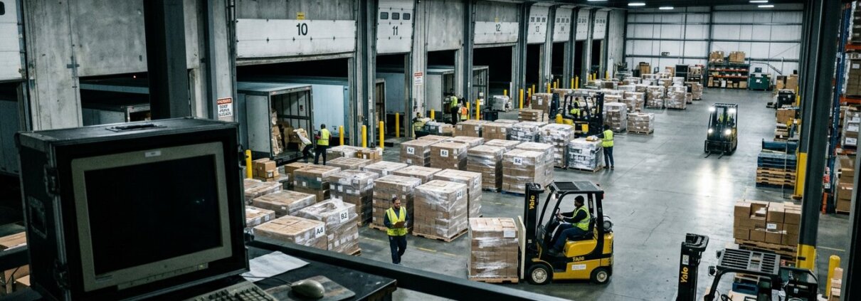 Drukke magazijnvloer met pallets naast een lege terminal door een vertraagde goedereningang WMS in het logistiek proces.