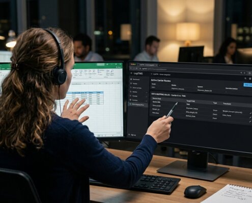 Specialist die zeevrachttarieven verwerken gaat via een Transport Management System voor logistieke administratie.