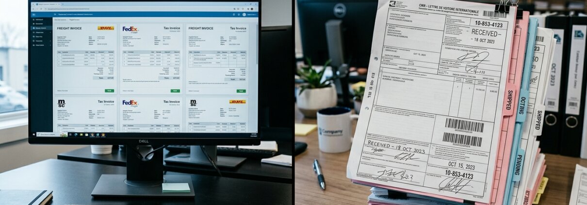 Vrachtfacturen op computerscherm naast stapels CMR-documenten om doorbelasten transportkosten vertraging te voorkomen.