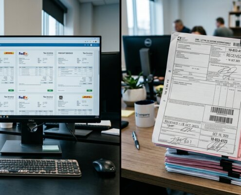 Vrachtfacturen op computerscherm naast stapels CMR-documenten om doorbelasten transportkosten vertraging te voorkomen.