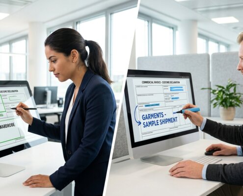 Twee analisten labelen hetzelfde document verschillend door inconsistente data annotatie AI in een split screen.