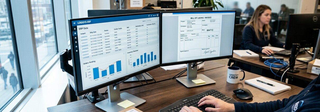Logistieke werkplek met schermen vol ERP-data en documenten, symbool voor foutgevoelige handmatige data-invoer ERP.