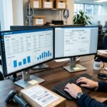 Logistieke werkplek met schermen vol ERP-data en documenten, symbool voor foutgevoelige handmatige data-invoer ERP.