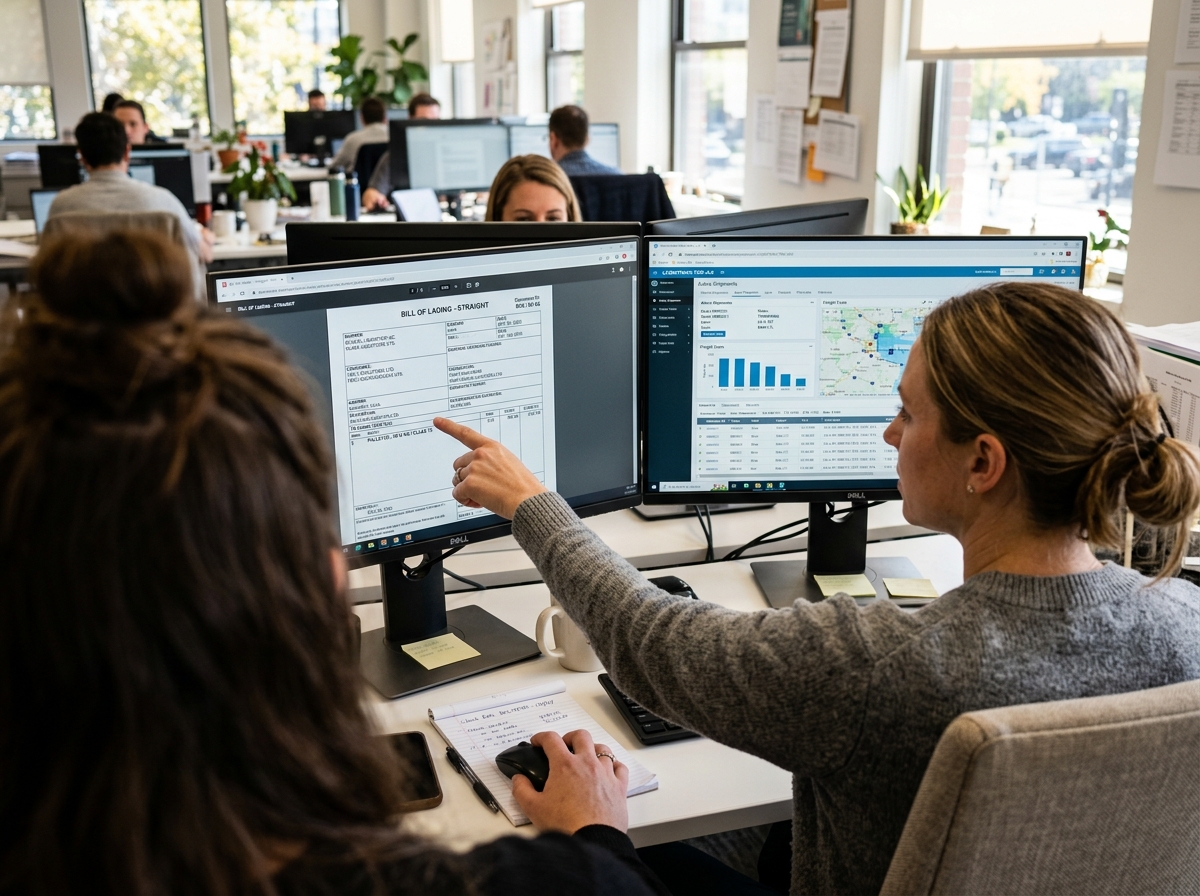 Logistiek planner vergelijkt Bill of Lading met TMS-scherm ter vervanging van handmatige data-invoer ERP.