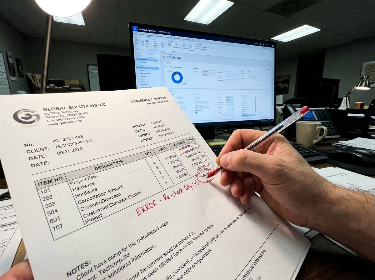 Hand holding a red pen to correct mistakes on a printed commercial invoice caused by time-consuming manual ERP data entry in the office.