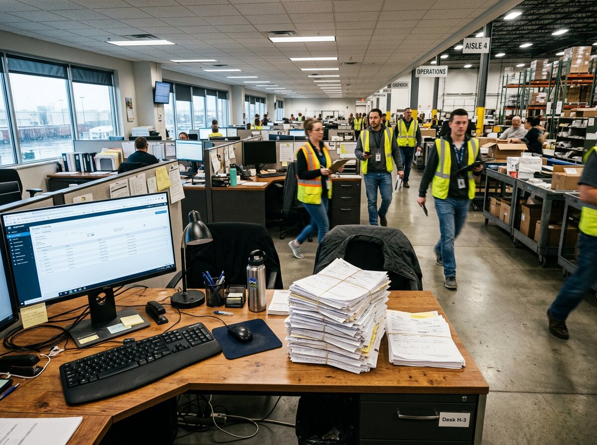 Stapel papieren vrachtbrieven op een bureau voor handmatige data-invoer ERP in een drukke logistieke kantooromgeving.