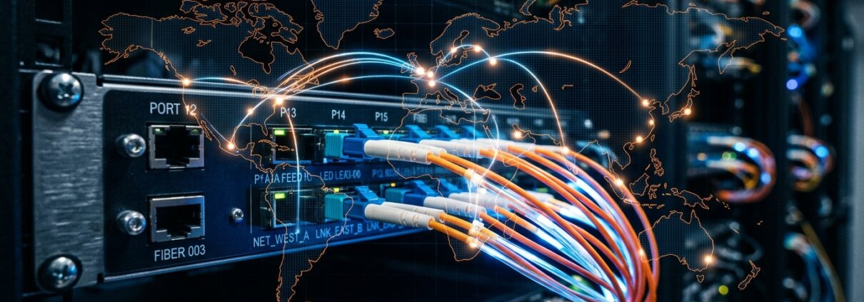 Serverrack met glasvezelkabels over een wereldkaart; illustratie van datasoevereiniteit risico's bij dataverzameling.