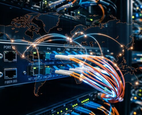 Serverrack met glasvezelkabels over een wereldkaart; illustratie van datasoevereiniteit risico's bij dataverzameling.