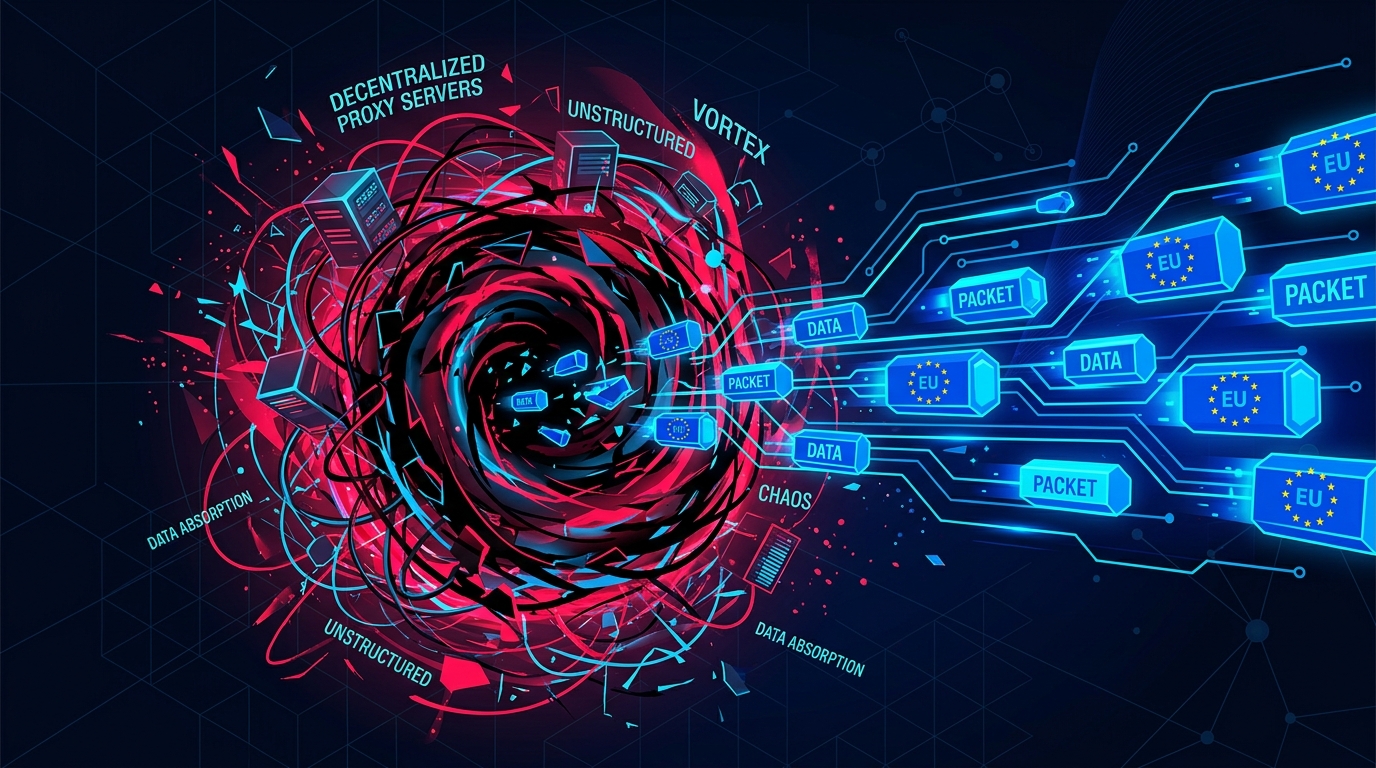 EU-data in een vortex van proxy's illustreert datasoevereiniteit risico's bij dataverzameling via offshore tools.