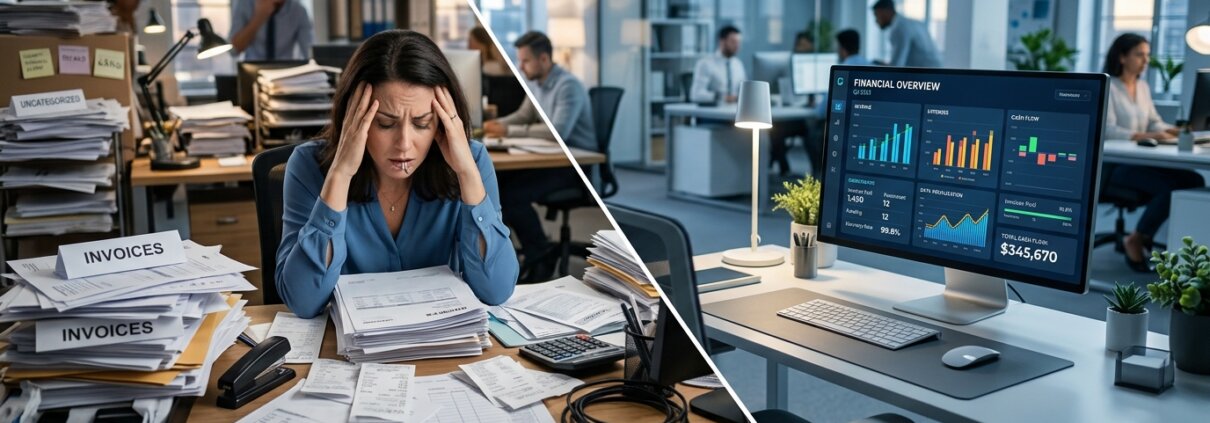 Frustratie bij manual data entry office tussen stapels facturen naast een modern back office data processing display.