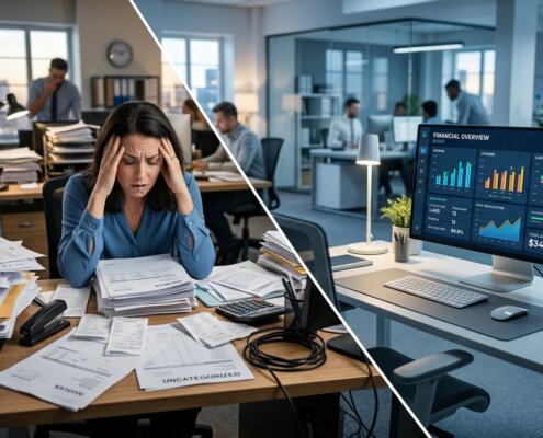 Frustratie bij manual data entry office tussen stapels facturen naast een modern back office data processing display.