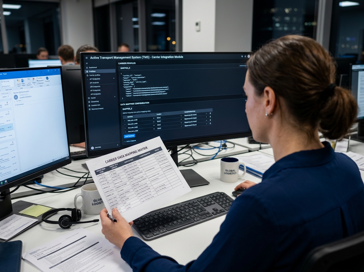Logistiek specialist vergelijkt carrier sheets met TMS-data om zeevrachttarieven standaardiseren op donker scherm.