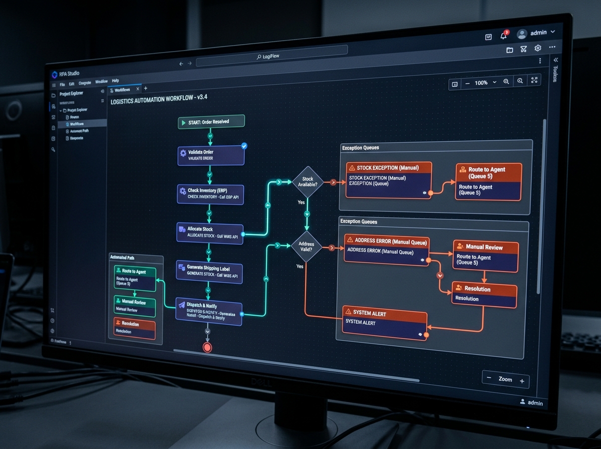 RPA-workflow voor zeevrachttarieven standaardiseren met digitale procesblokken en automatisering op een scherm.