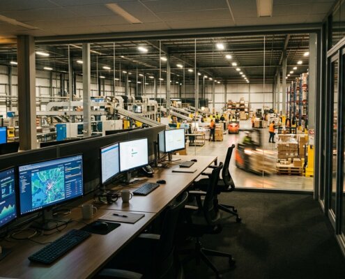 Modern kantoor met schaalbare backoffice oplossingen op monitors voor een logistiek magazijn in piekseizoen.