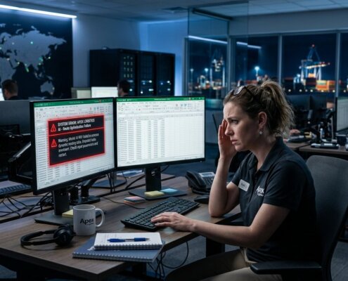 Logistiek medewerker die Excel opent na AI-fout, essentieel voor het herstellen van vertrouwen in AI logistiek.